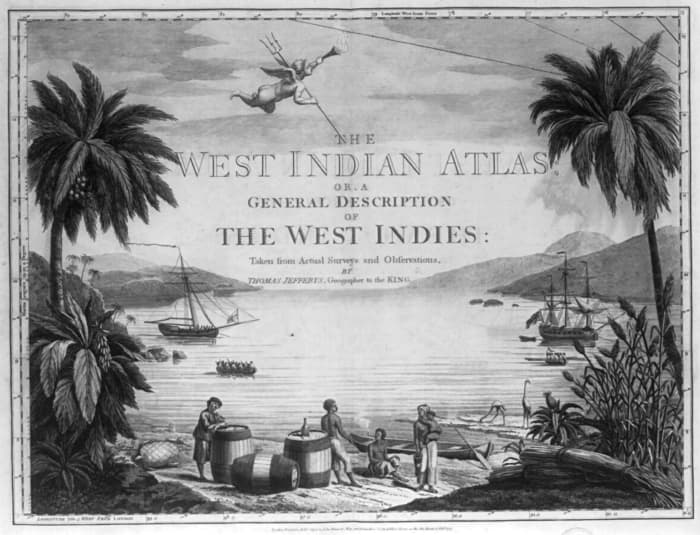 Title page from The West Indian Atlas. A scene in the West Indies showing Natives on the beach with a British sailor and three large casks, and two ships in the harbor.