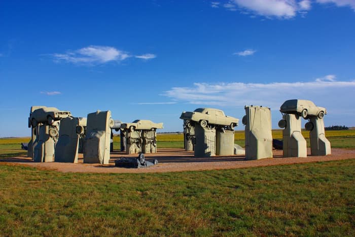 Located near the city of Alliance, Nebraska, United States, Carhenge is a replica of England's Stonehenge. Rather than being built with giant standing stones, however, Carhenge is built from vintage American automobiles that have been painted grey.