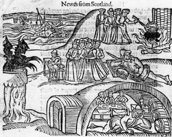 The North Berwick Witches meet the Devil in the local kirkyard, from a contemporary pamphlet, Newes From Scotland