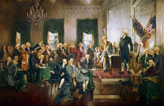 Washington at the Signing of the United States Constitution, September 17, 1787, by Howard Chandler Christy, 1940. Washington was persuaded to attend the constitutional convention in Philadelphia and oversaw the writing of the new constitution.