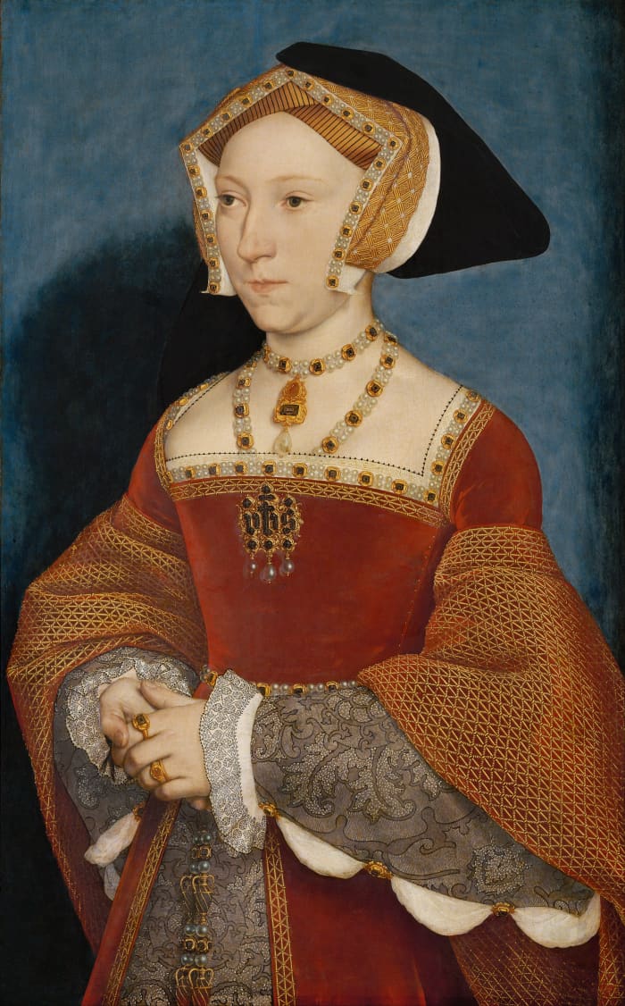 Jane Seymour, portrait painted by Hans Holbein the Younger. Jane gave Henry with the boy that Henry wanted, although it was giving birth probably killed her. She was rewarded with a Queen's funeral, the only wife to receive this honor.