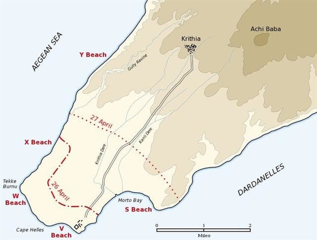 Map of the landing of the British 29th Division at Cape Helles on April 25, 1915 during the Battle of Gallipoli. The front line established by the night of April 26 is shown by the red dash-dot line. The front line reached by the night of April 27 is