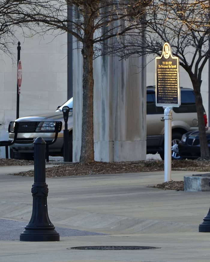 A plaque notice commemorates the place where Rosa Parks boarded the bus on Thursday, December 1, 1955, in downtown Montgomery, which later led to the Montgomery bus boycott. The stop is at Dexter Ave. and Montgomery St.