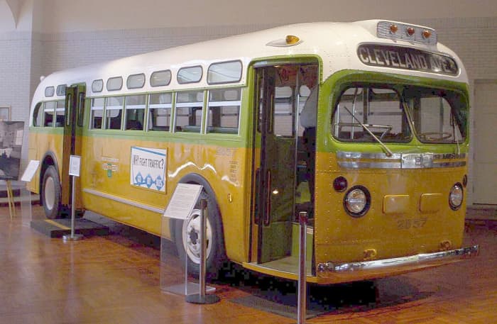 The bus that Rosa Parks rode on before she was arrested. Whites were expected to sit at the front of the bus and blacks at the rear, although the white area could be expanded at any time. The No. 2857 bus is now exhibited in the Henry Ford Museum.