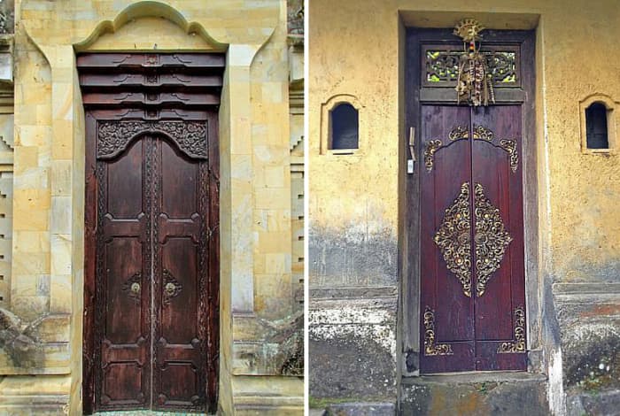 Above top: A majestic gate made of sun-bleached coral rocks. Above bottom: Traditional gates with antique-style doors.