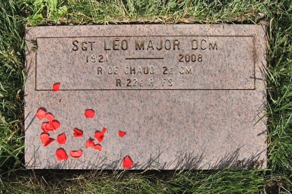 Leo Major's tombstone in the National Field of Honor in Quebec, Canada. "Leo Major, Distinguished Conduct Medal; 1921-2008; Regiment de la Chaudiere, WWII; Royal 22e Regiment, Task Force, Korea"