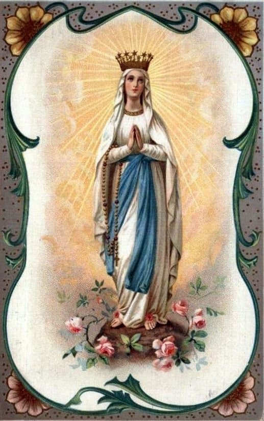 The Virgin Mary on a vintage card. She was given titles such as "Queen of Heaven" and "Star of the Sea" which highlighted her effective role as goddess.