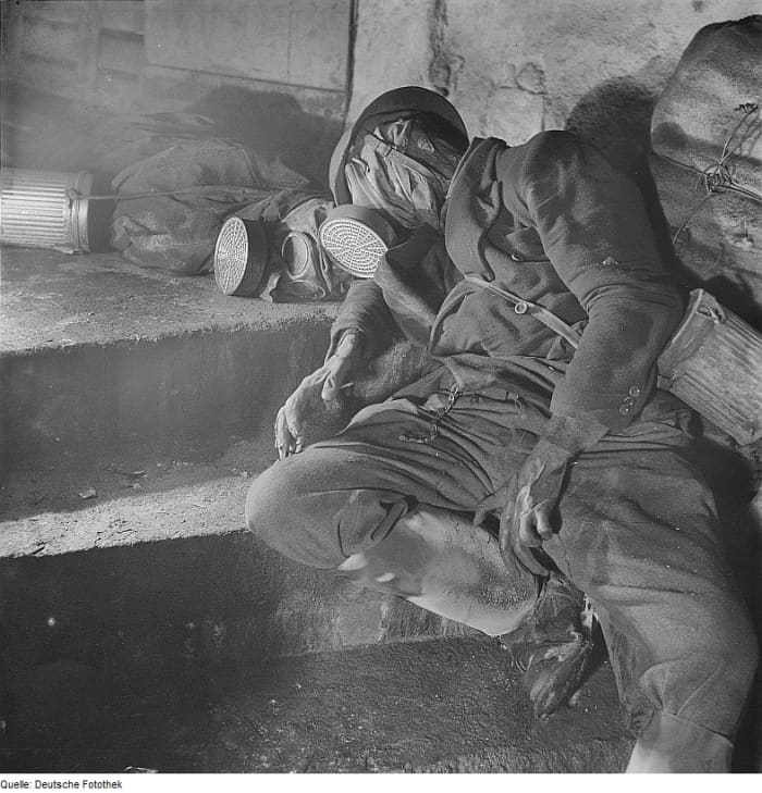 The gas masks didn't help these two soldiers because all of the oxygen was sucked out of their refuge.