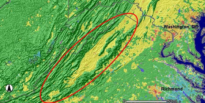 The Shenandoah Valley, circled in red, proved to be a very effective natural defense as countless Union troops were forced into the fatal funnel where they met their demise from strong fortified Confederate positions throughout the valley.