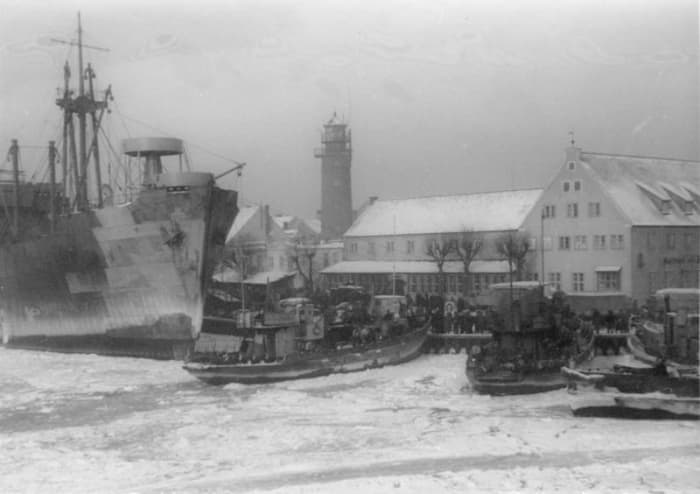 Refugees being evacuated from Pillau, Prussia (today Baltiysk, Russia) January 26, 1945. More than 450,000 were evacuated from Pillau. Two weeks later, the Steuben would sail from here loaded with 4,300 passengers and crew.