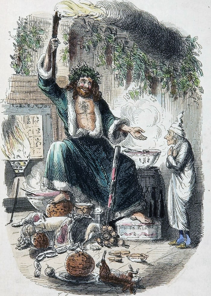 Ghost of Christmas Present, an illustration by John Leech made for Charles Dickens's festive classic A Christmas Carol (1843).