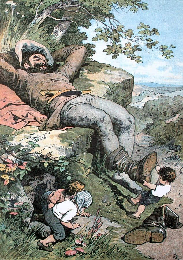 1865 illustration of Tom Thumb and the Giant. Tom is swallowed by a cow, a giant, a fish, and in some extensions, by a miller and a salmon.