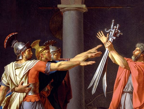 The Horatii brothers (detail), Jacques-Louis David, Oath of the Horatii, oil on canvas, 3.3 x 4.25m, commissioned by Louis XVI, painted in Rome, exhibited at the salon of 1785 (Musée du Louvre)