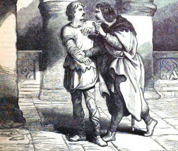 Edmund to Edgar: "Pray ye, go; there's my key. If you do stir abroad, go armed." Source: Cassell's illustrated Shakespeare. illustr. by H.C. Selous 1864