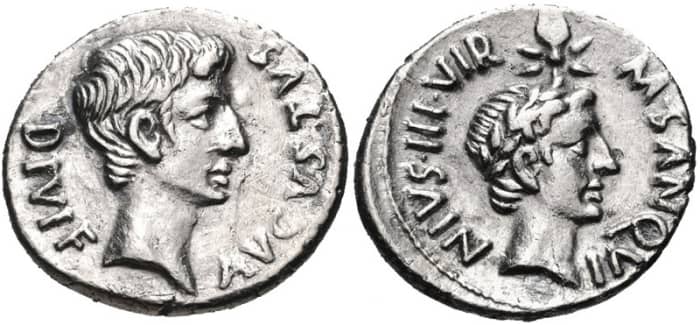 A denarius coin minted at Rome in 17 BC. Caesar Augustus (left) and Julius Caesar (right). Image courtesy of Classical Numismatic Group