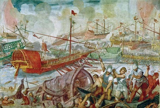 The Battle of Actium, 2 September 31 BC, oil on canvas by Lorenzo A. Castro, 1672. National Maritime Museum, London.
