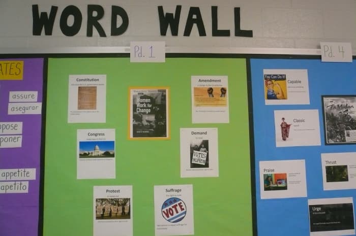 Word presentations for middle school students printed out and displayed on our classroom word wall.