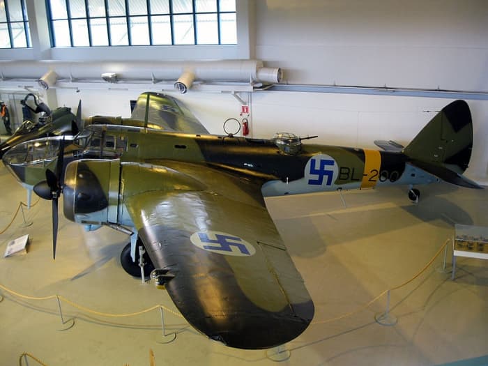 Finnish Bristol Blenheim Mk IV bomber (origin Britain) with Finnish swastika insignias.