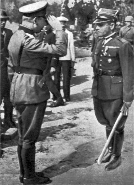 German General Eberhardt saluting Polish commander Major Sucharski after Westerplatte's defenders surrendered. Sucharski was given the courtesy of keeping his saber. September 7, 1939.