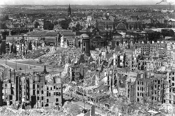 Dresden February 1945 looked like an ancient ruin after Allied bombing. The core temperature of the firestorm reached 1500 degrees Fahrenheit.