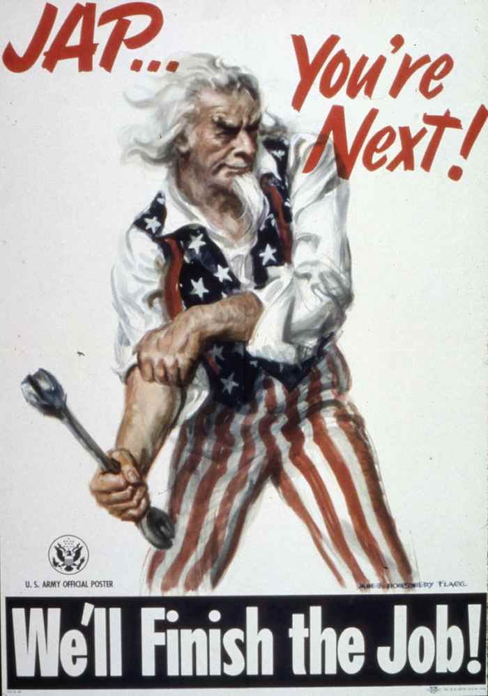 Uncle Sam rolling up his sleeves getting ready to defeat Japan after the surrender of Germany.