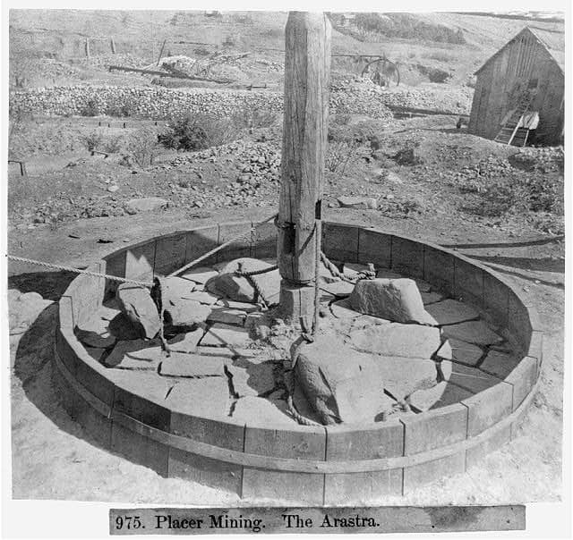 In general, outside of the circle was a large wheel carved from rock that rolled around and around crushing gold ore.