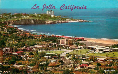 1950s La Jolla California Birdseye View Teich Postcard. La Jolla is considered to be the inspiration for Macdonald's Pacific Point.