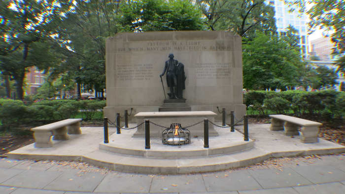 Statute of George Washington and an Eternal Flame Mark Mass Grave of some 2,000 Unknown Revolutionary War Soldiers
