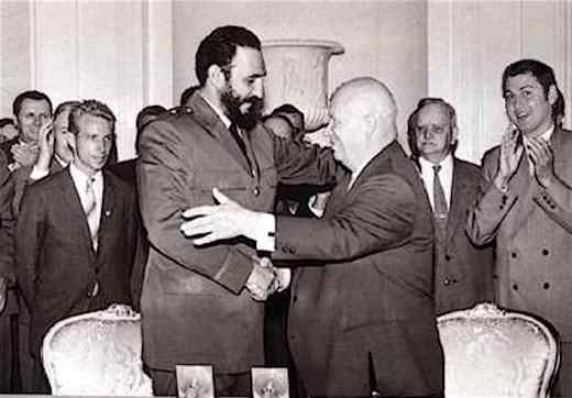 Nikita Khrushchev greets his fellow communist leader, Cuba's Fidel Castro in 1963 during Castro's visit to Moscow.