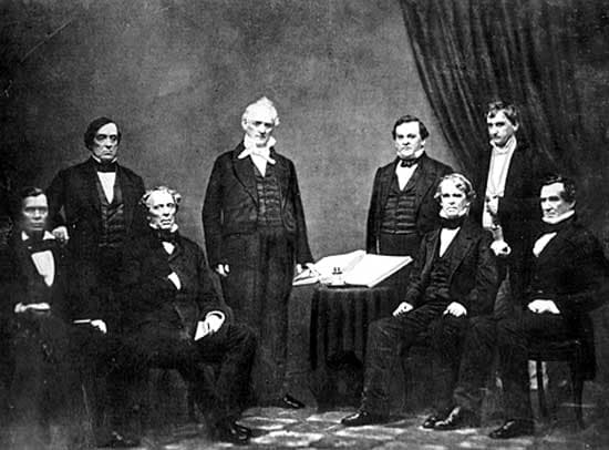 From left to right: Jacob Thompson, Lewis Cass, John B. Floyd, James Buchanan, Howell Cobb, Isaac Toucey, Joseph Holt and Jeremiah S. Black, (c. 1859)