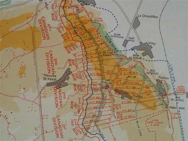 A photograph of a map recreated by the Canadian Army Survey Establishment showing the Canadian Corps' position at Vimy