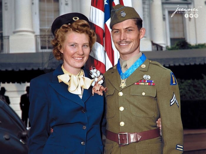 Corporal Desmond T. Doss with his wife Dorothy, after having received the Medal of Honor from President Harry Truman.