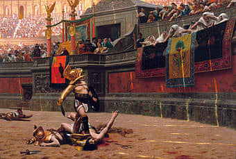 A victorious gladiator awaits the decision of his opponents fate while the Vestal Virgins give their answer with a thumbs down. Are they asking for mercy or death?