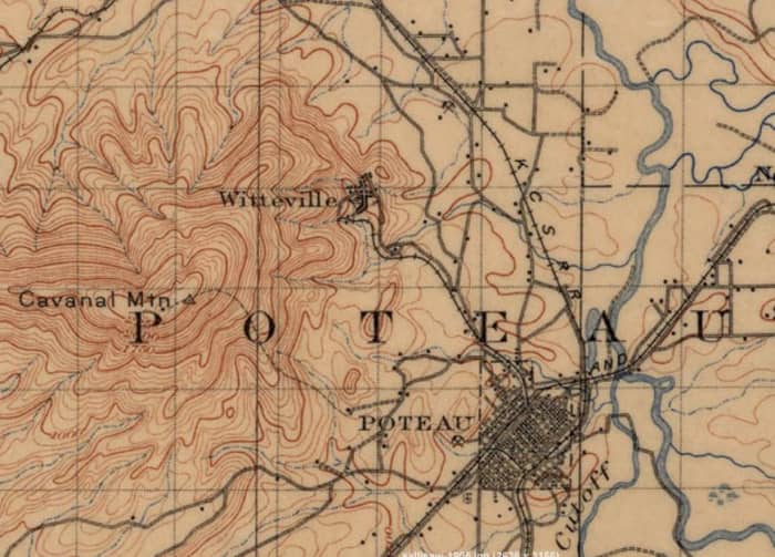 Map showing the location of Witteville. The road to reach the top of Cavanal followed the old railroad route that led to the town of Witteville.