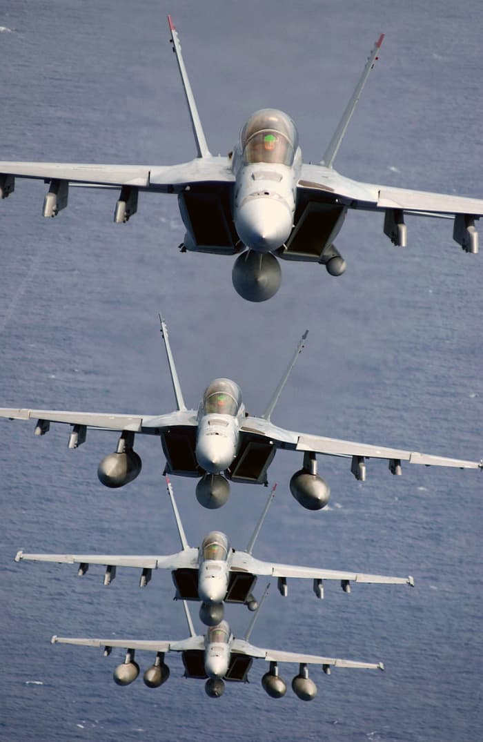 Four Super Hornets. Note the jet intakes. Rectangular and larger than the legacy Hornet. The surest way to tell the difference between the two.