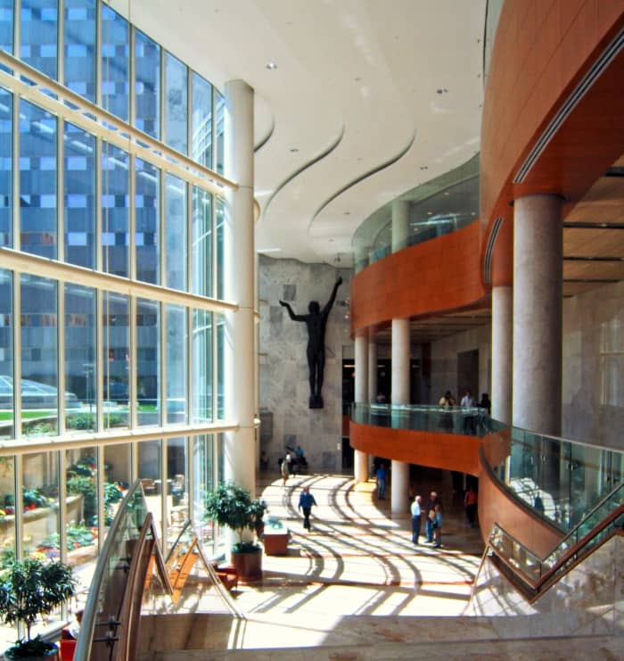 Pictured here is the Gonda Building atrium. The downtown Rochester campus has over 30 buildings, most of which are connected by underground tunnels. photo by Chad Johnson