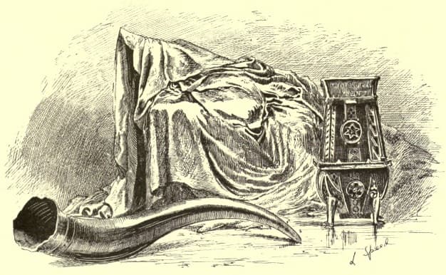 The Fairy Flag, Sir Rory Mor's Horn, and the Donvegan Cup (19th century engraving by Lancelot Speed 1860-1931)