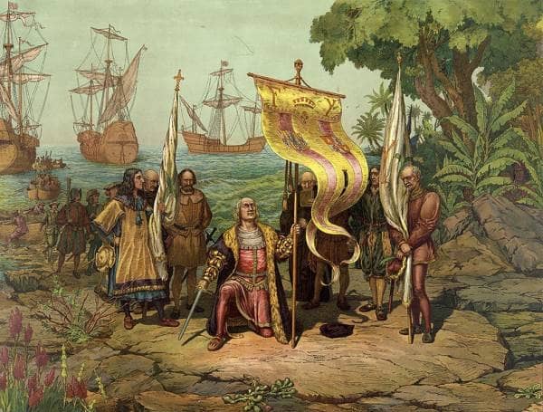 Columbus sets foot in the Bahamas at Watling Island, which is nowadays referred to as San Salvador Island