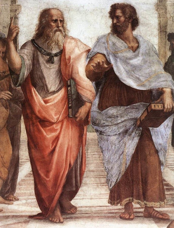 As old man, Plato (left) and Aristotle (right), Aristotle gestures to the earth, representing his belief in knowledge through empirical observation and experience, Plato gestures to the heavens, representing his belief in The Forms.