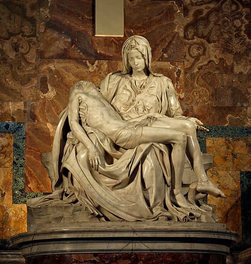 Michelangelo's Pietà in St. Peter's Basilica in the Vatican. Maurya's mourning in "The Riders to the Sea" becomes an evocation of Pieta