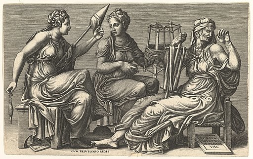 The Three Fates Clotho, Lachesis, and Atropos. Synge's three women become reminiscent of these classical sisters of destiny
