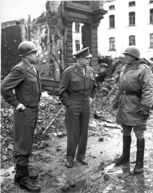 The main three American Generals on the Western Front 1945, General Omar Bradley, General Dwight Eisenhower, and General George Patton. Bradley would be he only General in American history to lead four field armies almost a million men.