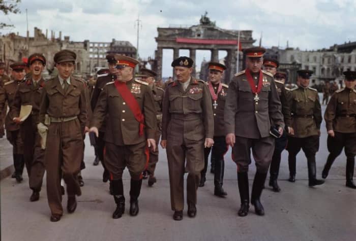 The Allies in Berlin summer of 1945. British Field Marshal Montgomery the hero of El Alamein August 1942 in the center, and on his left Soviet Marshal Zhukov hero of The Battle for Moscow December 1942.
