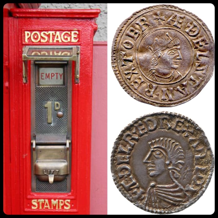 A penny stamp machine and two Anglo-Saxon pennies