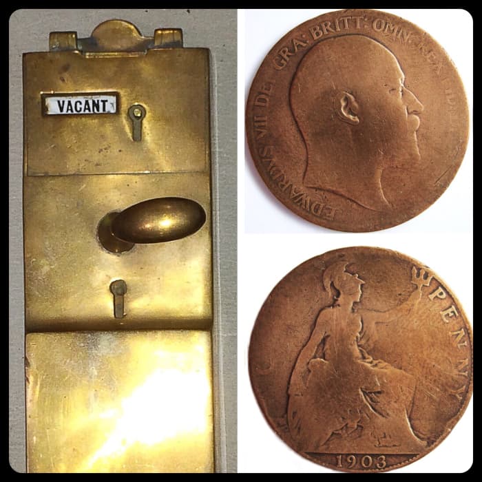 A penny-in-the-slot device from an old toilet plus the two sides of a 1903 penny