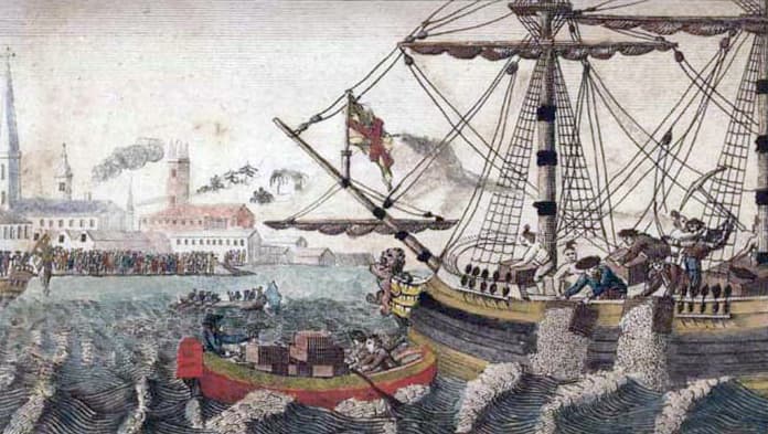 W.D. Cooper. "Boston Tea Party.", The History of North America. London: E. Newberry, 1789.Engraving.