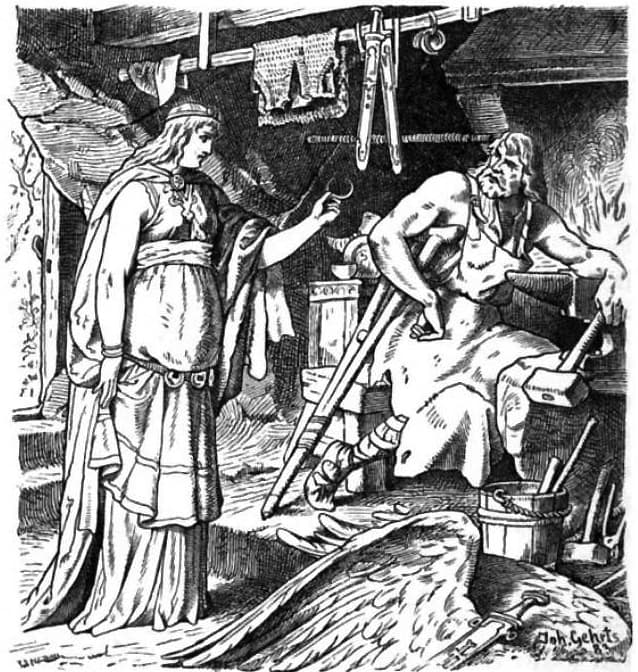 Badhild in Wayland's Smith (Johannes Gehrts 1901) -- notice Wayland's crutches from being hobbled.