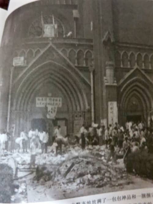 The Xujiahui Catholic cathedral with Jesus torn down and replaced with Mao. Similar to the fate which befell that of Yizhen.