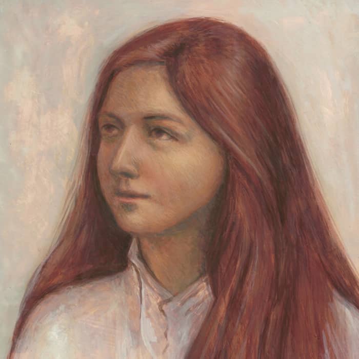 A memorable feature of Caryll Houselander’s appearance was her red hair. She cut it short during the War because of the danger of fleas. This image depicts her at about age seventeen.