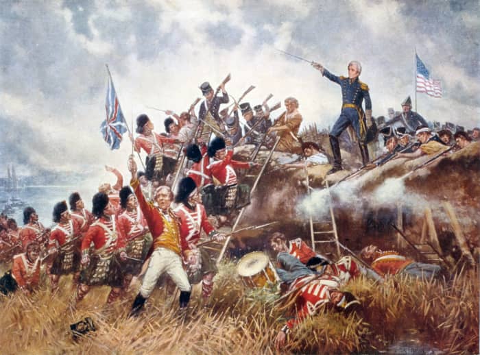 Battle of New Orleans: General Andrew Jackson stands on the parapet of his makeshift defenses as his troops repulse attacking British.